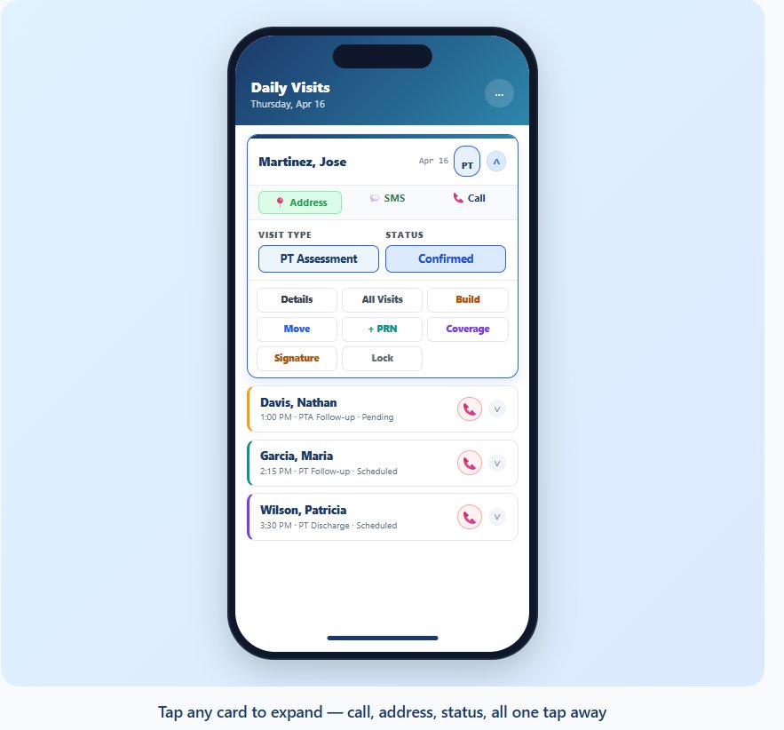 Tap any card to expand — call, address, status, all one tap away